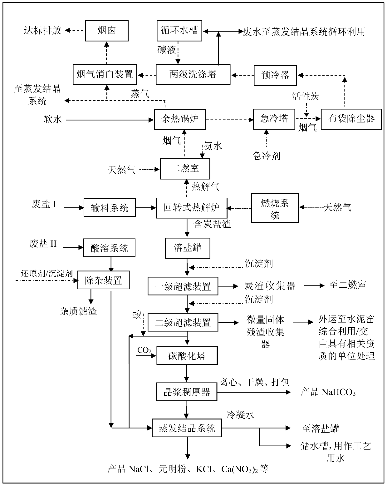 Treatment system for waste salt recycling treatment and application thereof