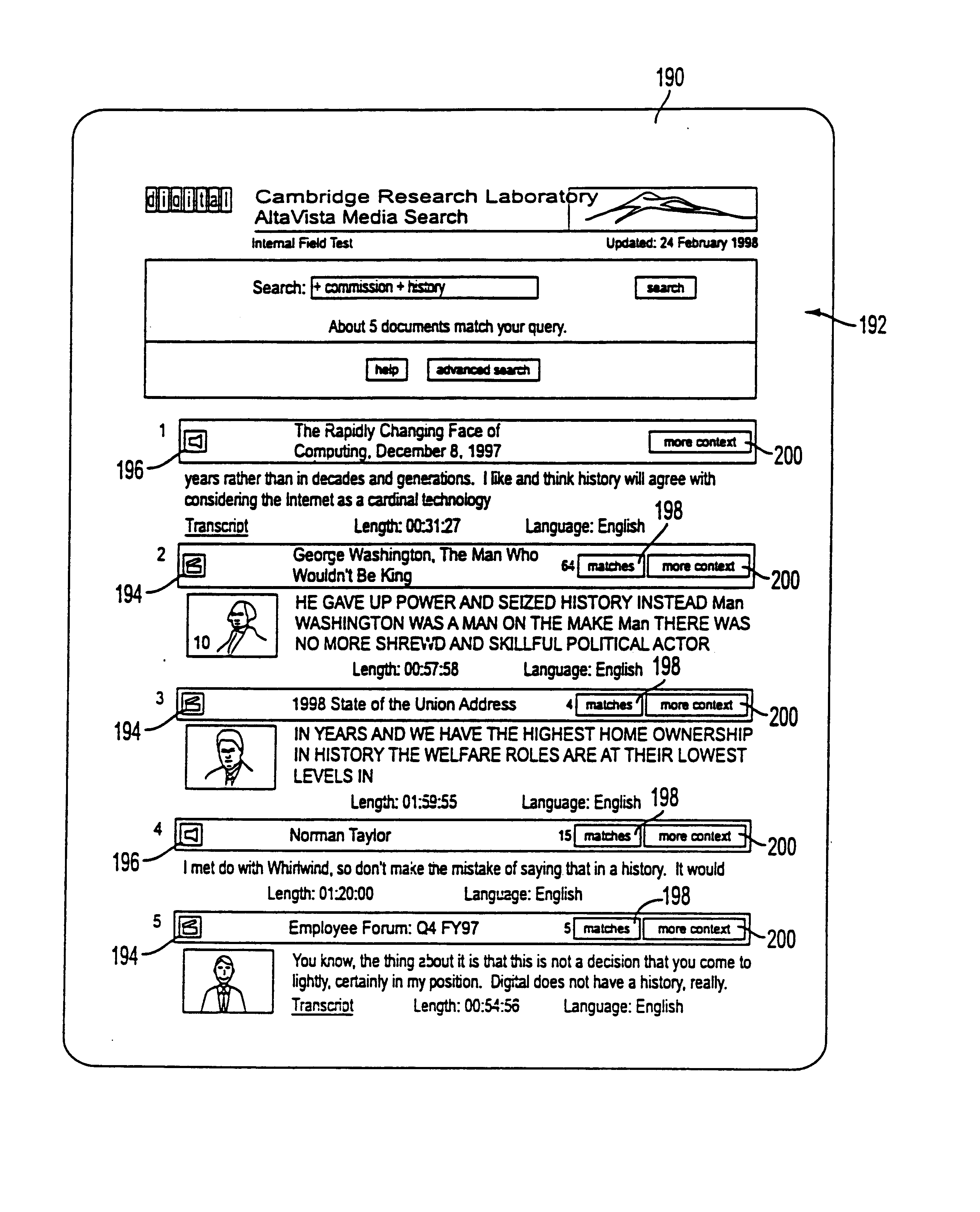 Technique for locating an item of interest within a stored representation of data