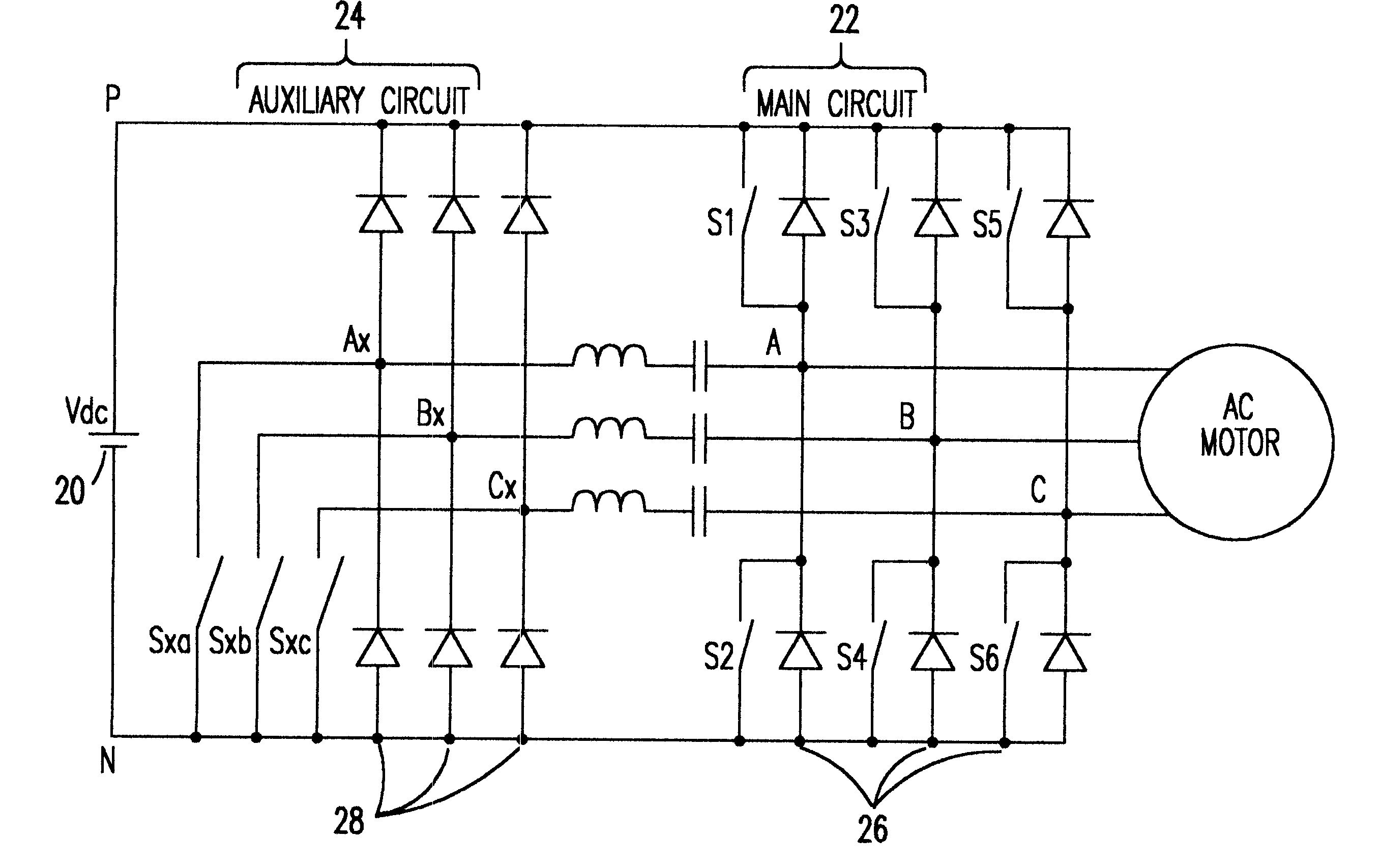 Three-phase zero-current-transition (ZCT) inverters and rectifiers with three auxiliary switches