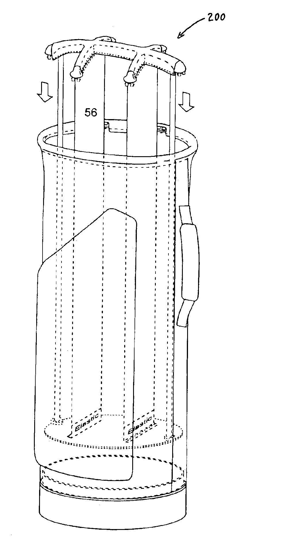 Golf bags in semi-knocked down kit forms, golf bags assembled from such kits and an improved method of assembling golf bags