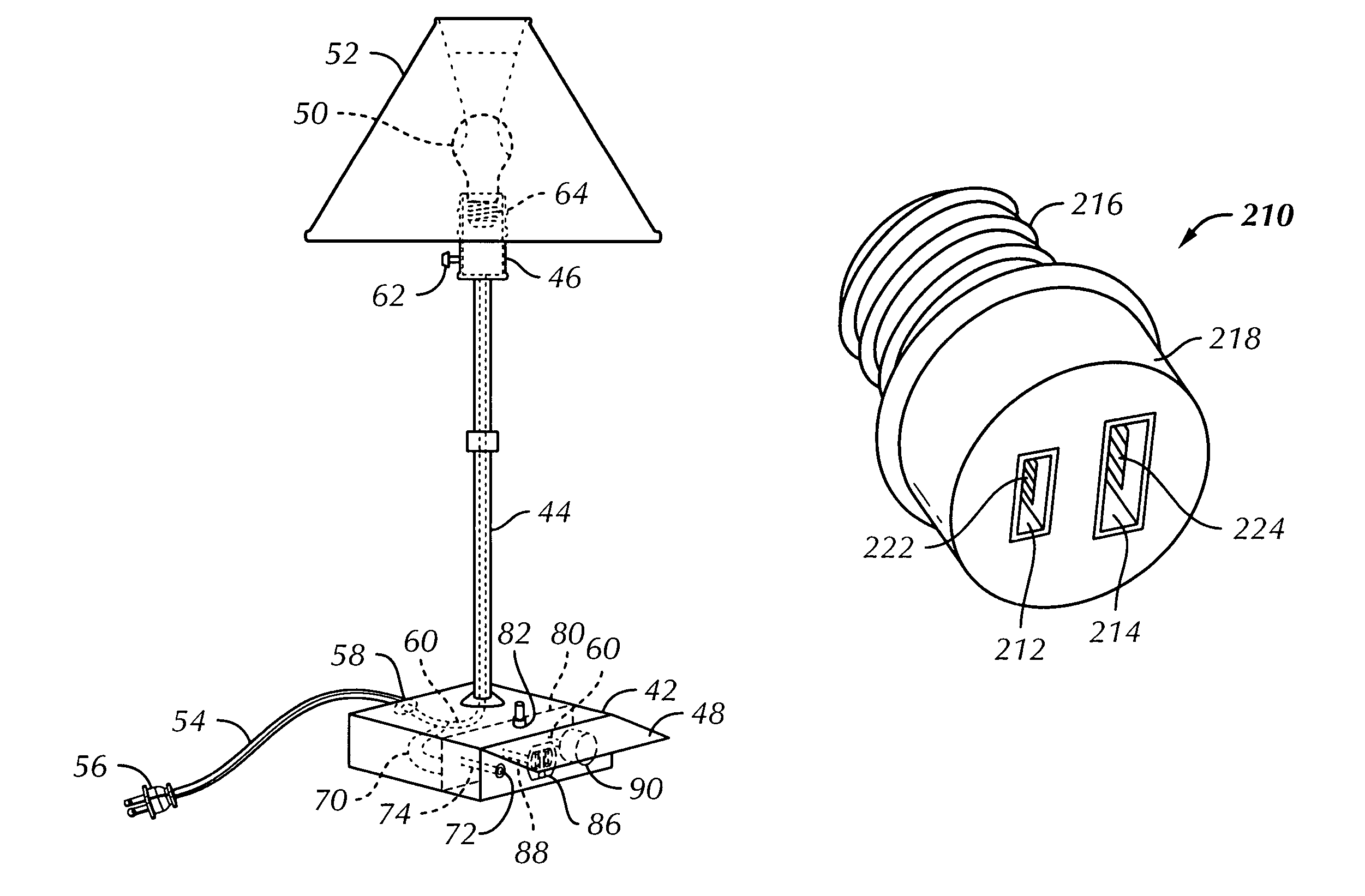 Lamp base with electrical device recharging receptacle and method