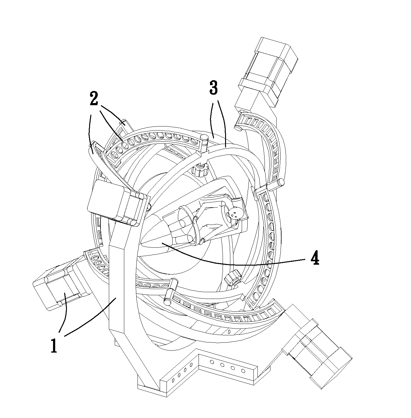 Space orientating mechanism with two tetrahedrons and eight arc-links