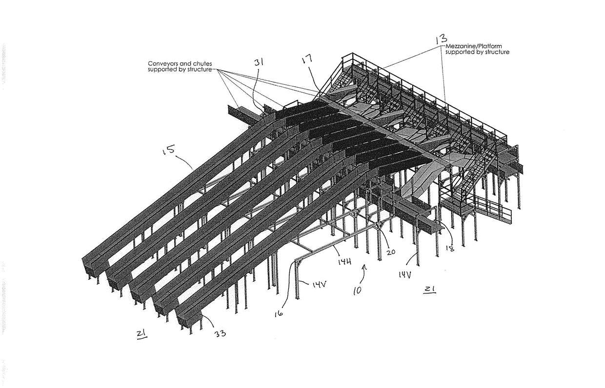 Tubular mezzanine and conveyor support structures and stiffener brackets for assembly thereof