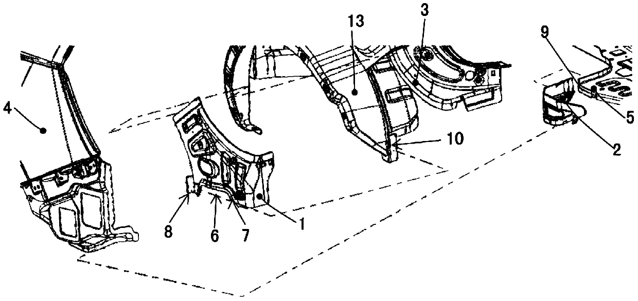 Rear connection assembly of a rear wheel housing