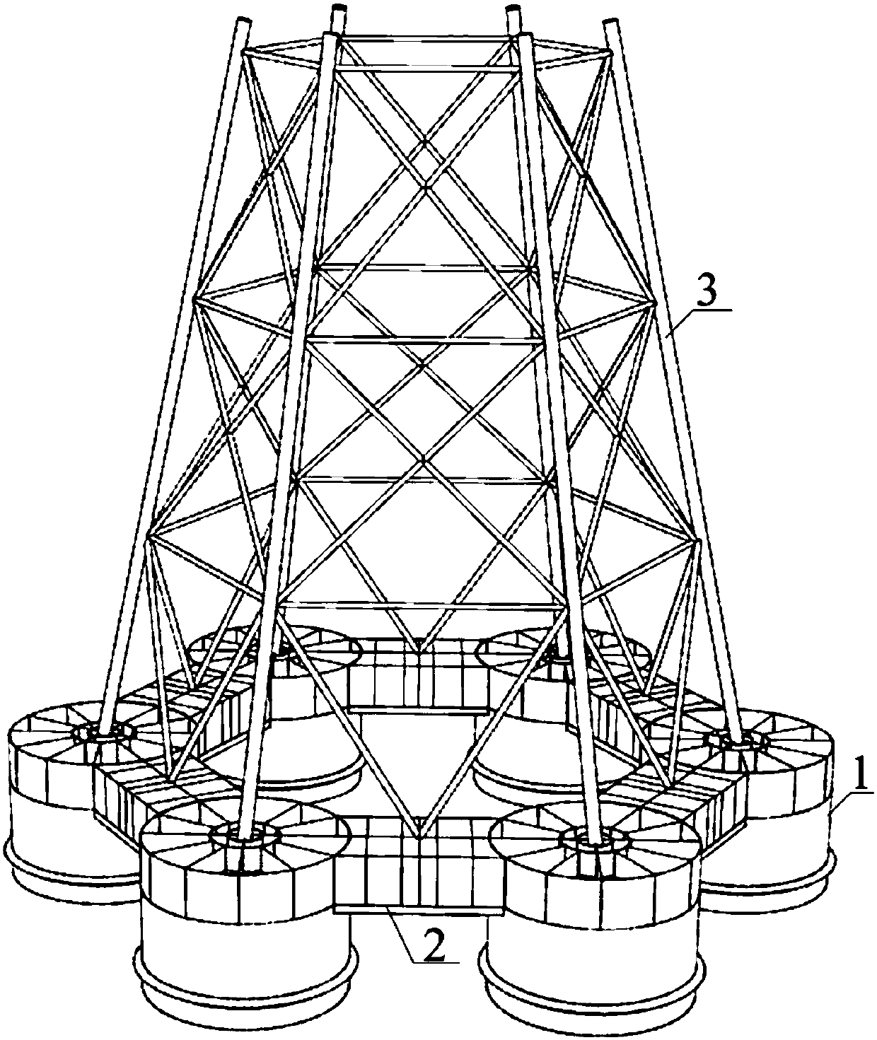 Offshore six buoy and six buoyancy tank combined type foundation structure and construction method thereof