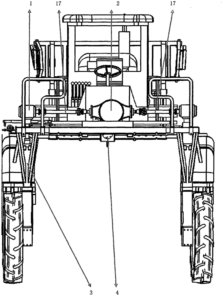 Mechanical transmission type four-wheel-steering four-wheel-driven variable-tread high-ground-clearance insecticide sprayer