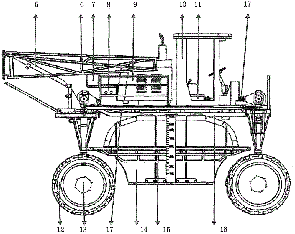 Mechanical transmission type four-wheel-steering four-wheel-driven variable-tread high-ground-clearance insecticide sprayer