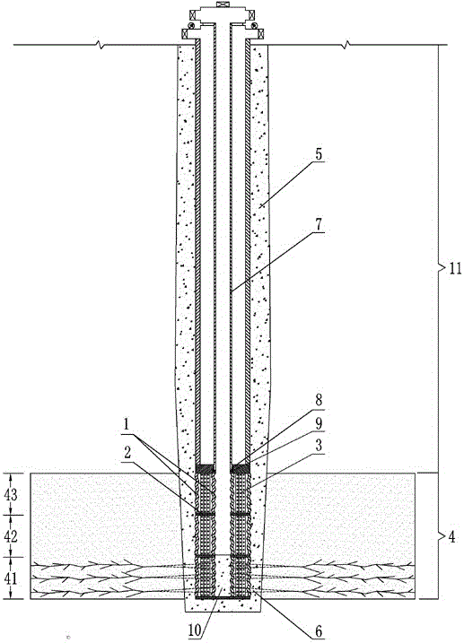 In-situ heat injection slice mining section well body device of thick ore deposit of oil shale