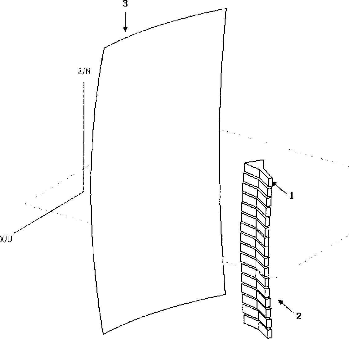 Space power synthetic antenna of curve array feed source bifocal parabolic reflecting surface