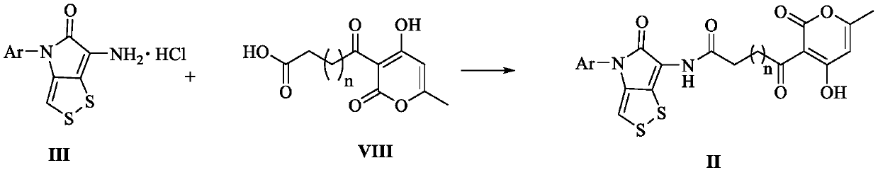 A kind of n-aryldithiopyrrolone-pyrone hybrid derivative and its preparation method and application