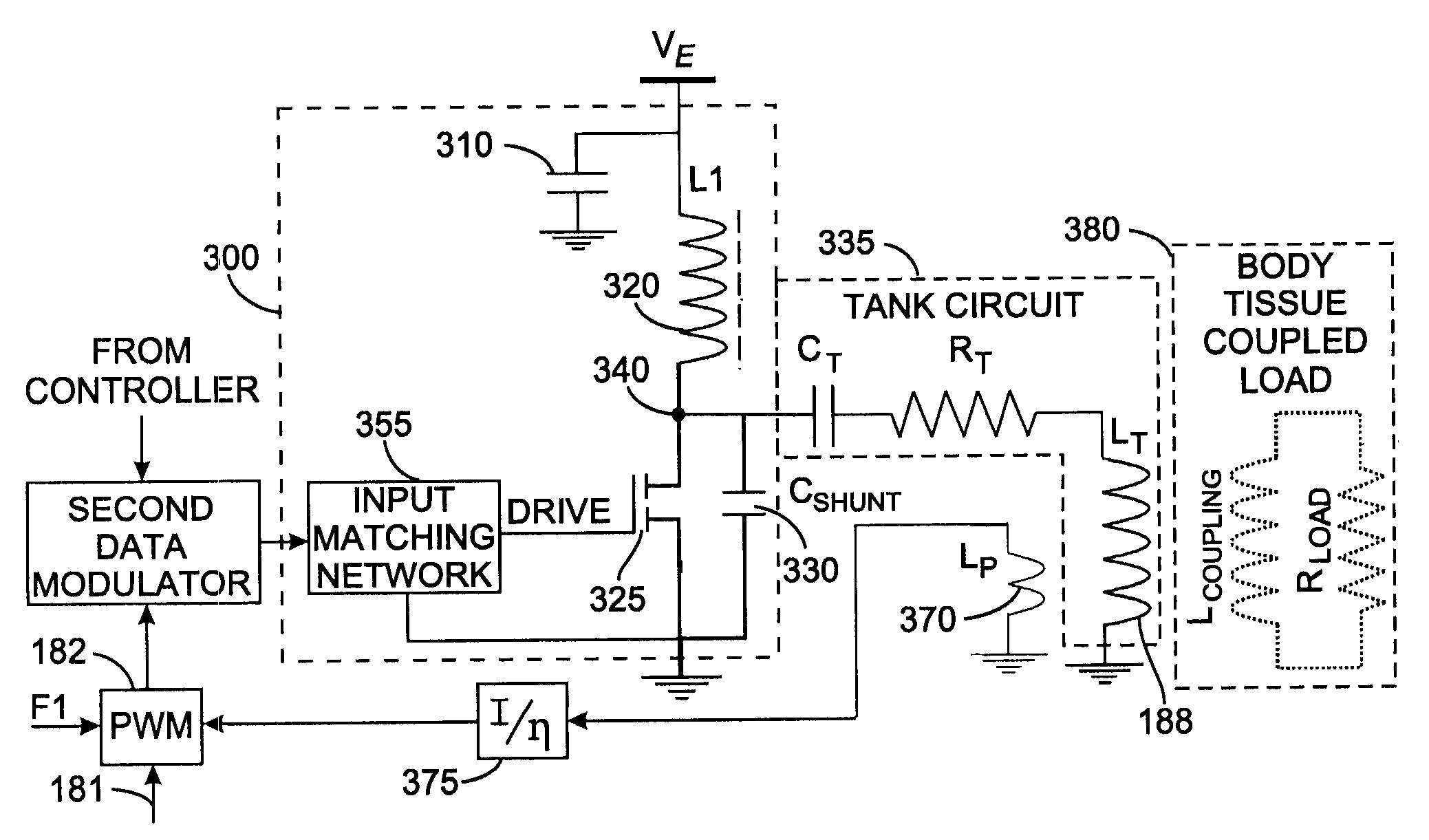 Class-e radio frequency amplifier for use with an implantable medical device