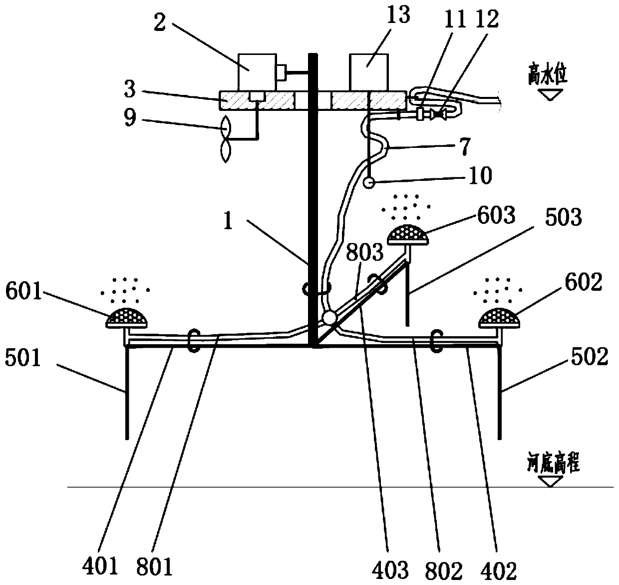 Water level fluctuation type bottom aeration device for water-carrying installation of water body