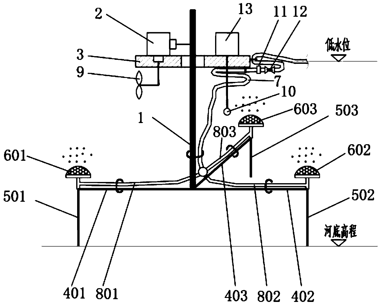 Water level fluctuation type bottom aeration device for water-carrying installation of water body