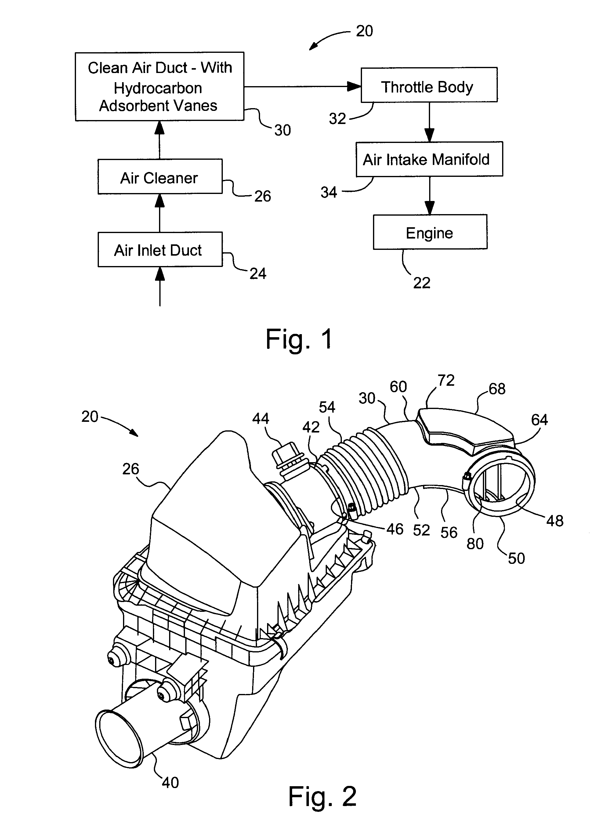 Flow turning vane assembly with integrated hydrocarbon adsorbent