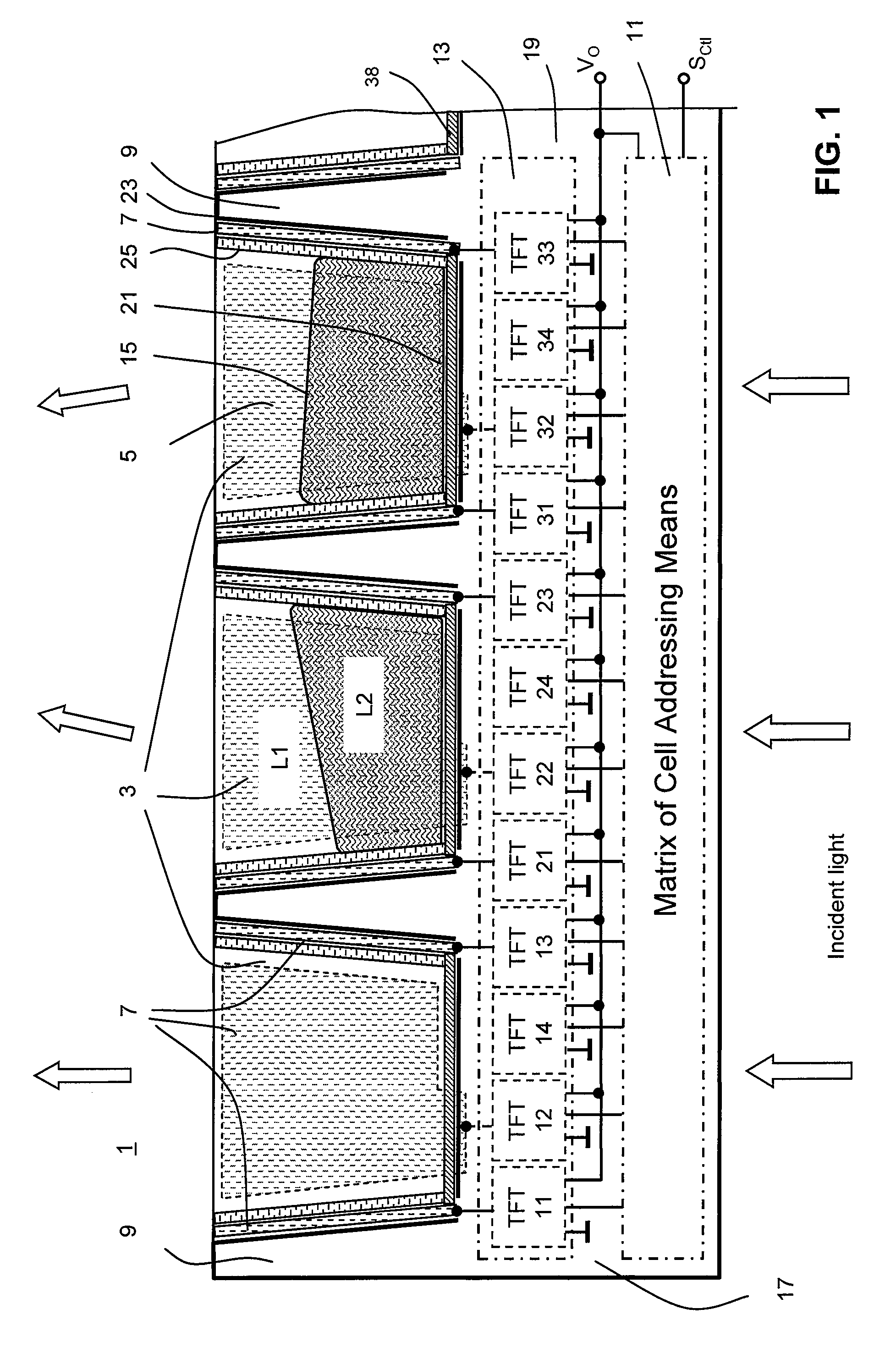 Tunable optical array device comprising liquid cells