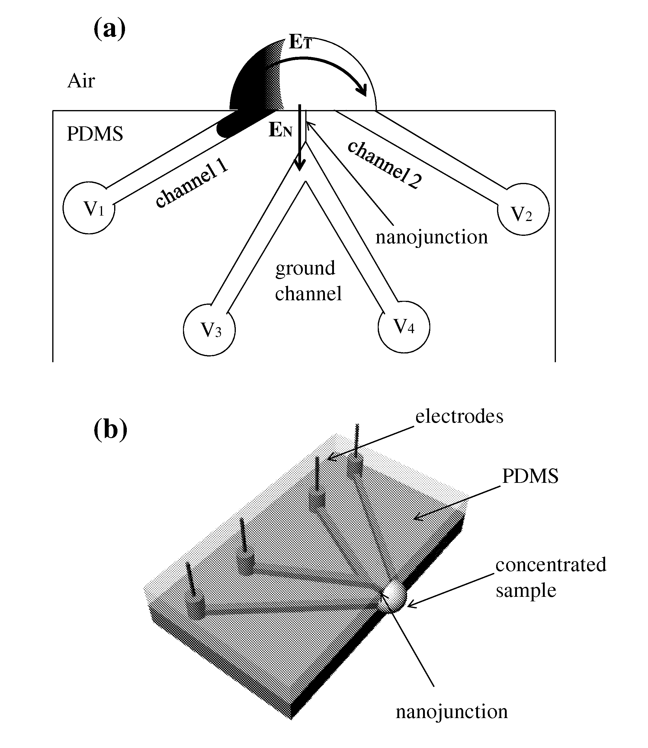 Nanofluidic preconcentration device in an open environment