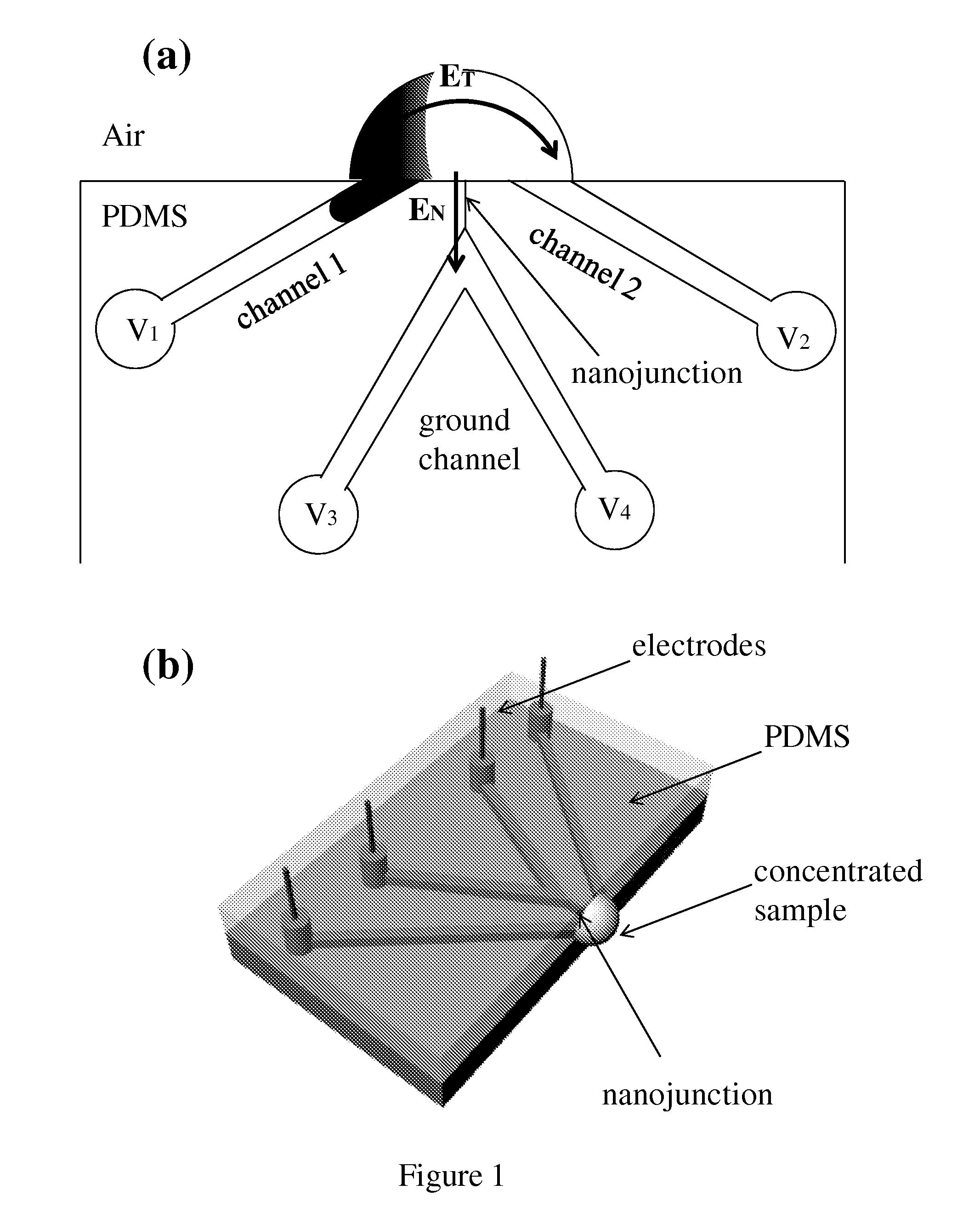 Nanofluidic preconcentration device in an open environment