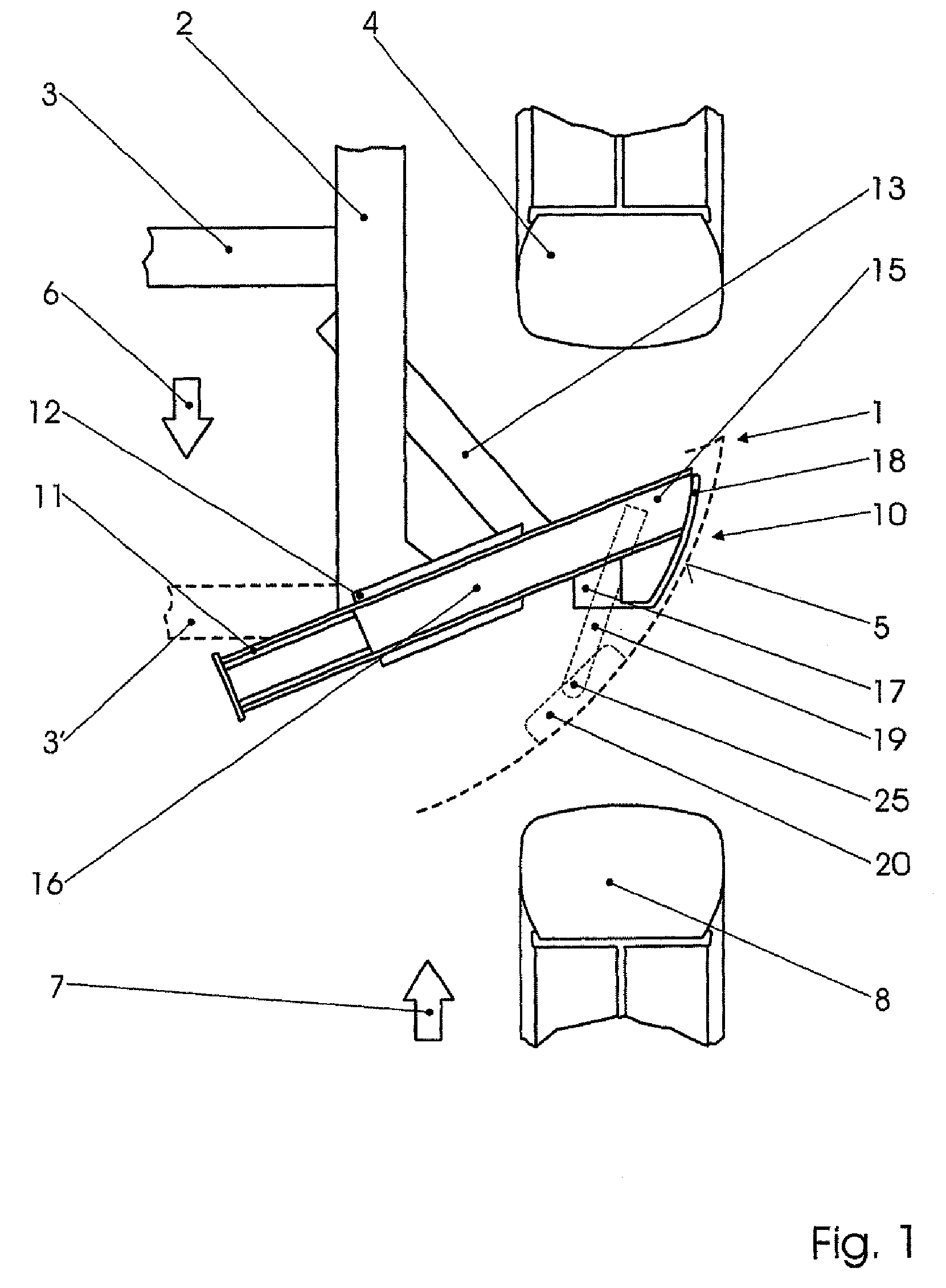 Deflector device for partially overlapping frontal collision of motor vehicles