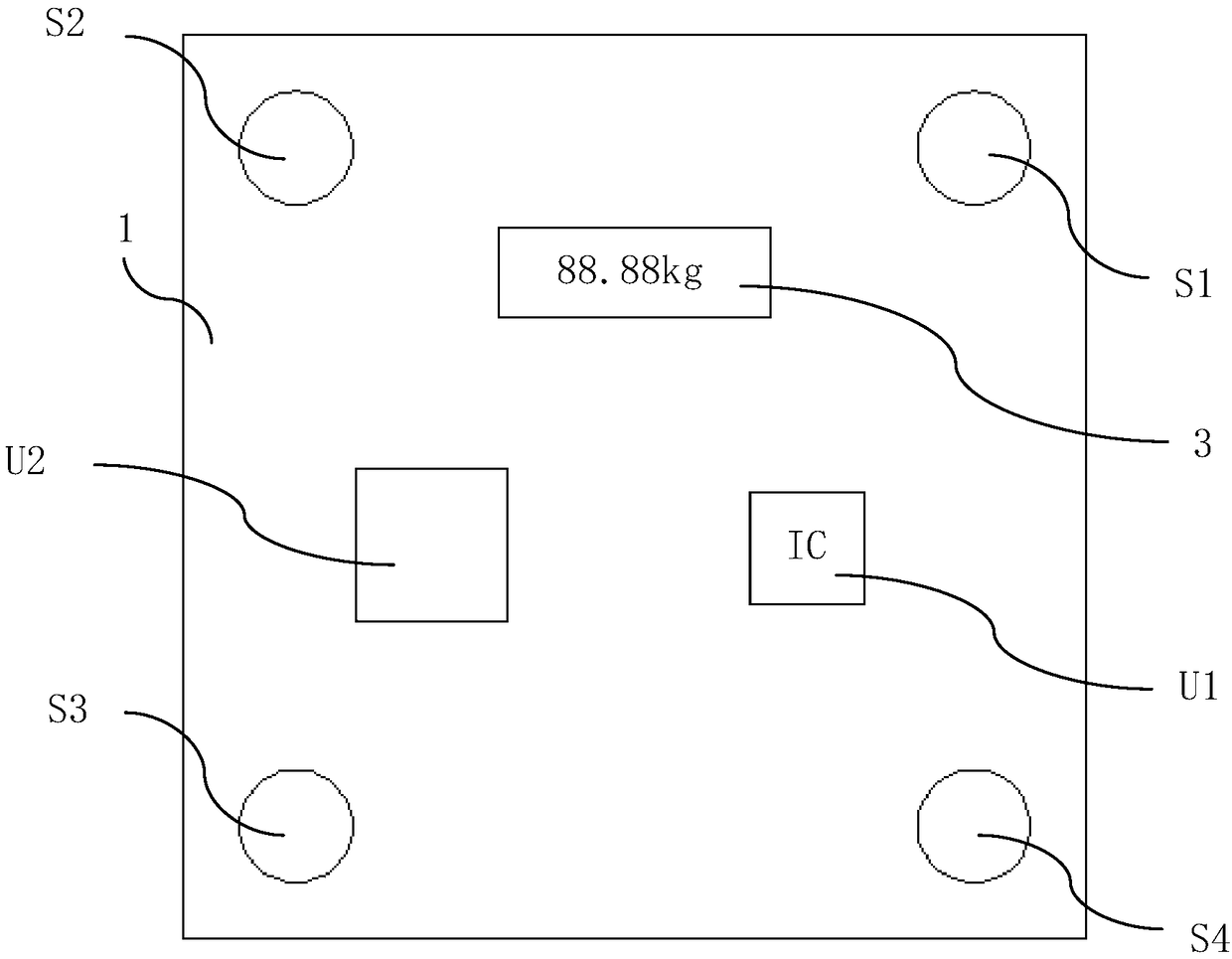 Weighing scale capable of measuring weight values of four corners and method