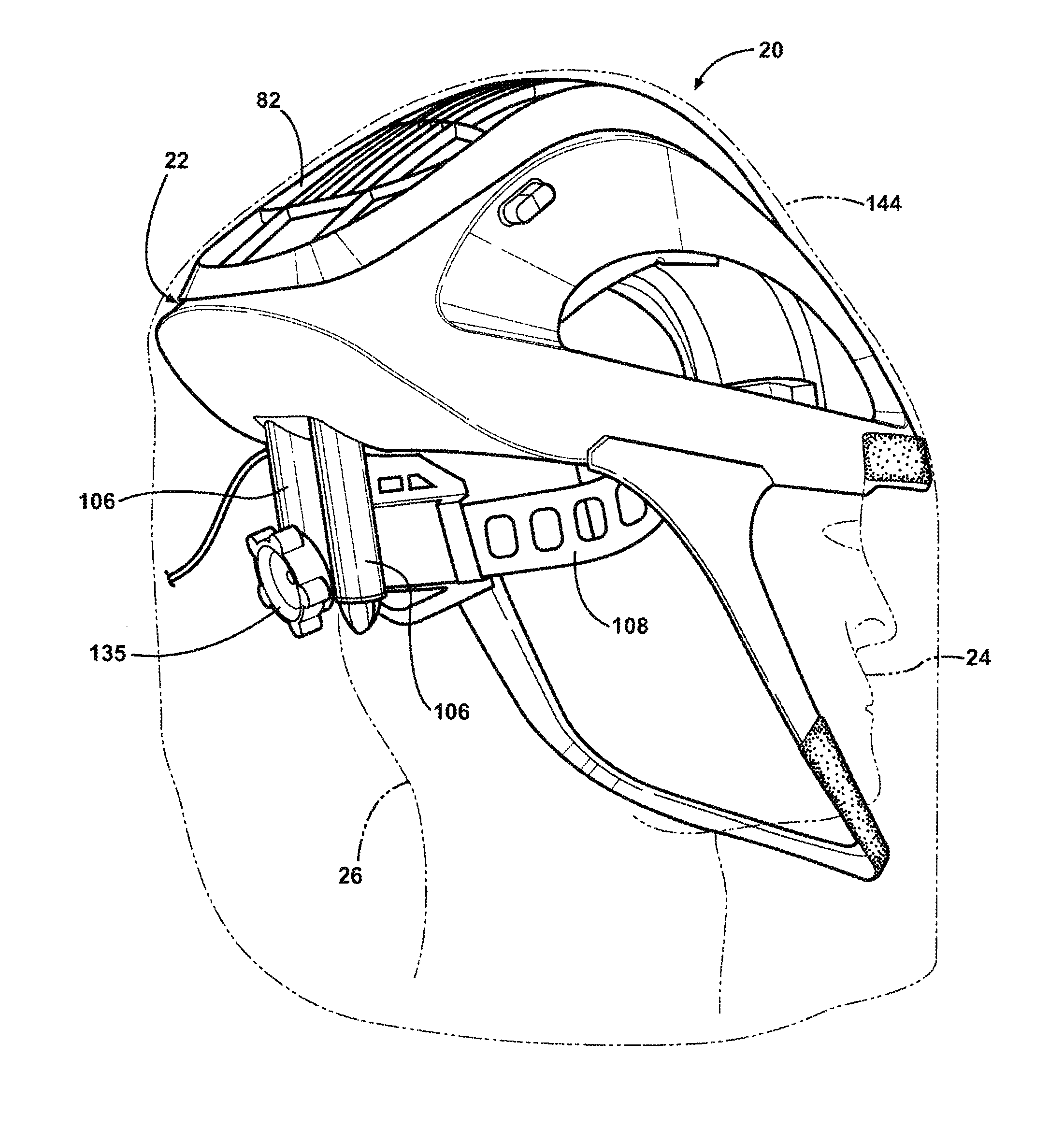 Personal protection system including a helmet and a hood, the helmet including a ventilation system that blows air on the neck of the wearer