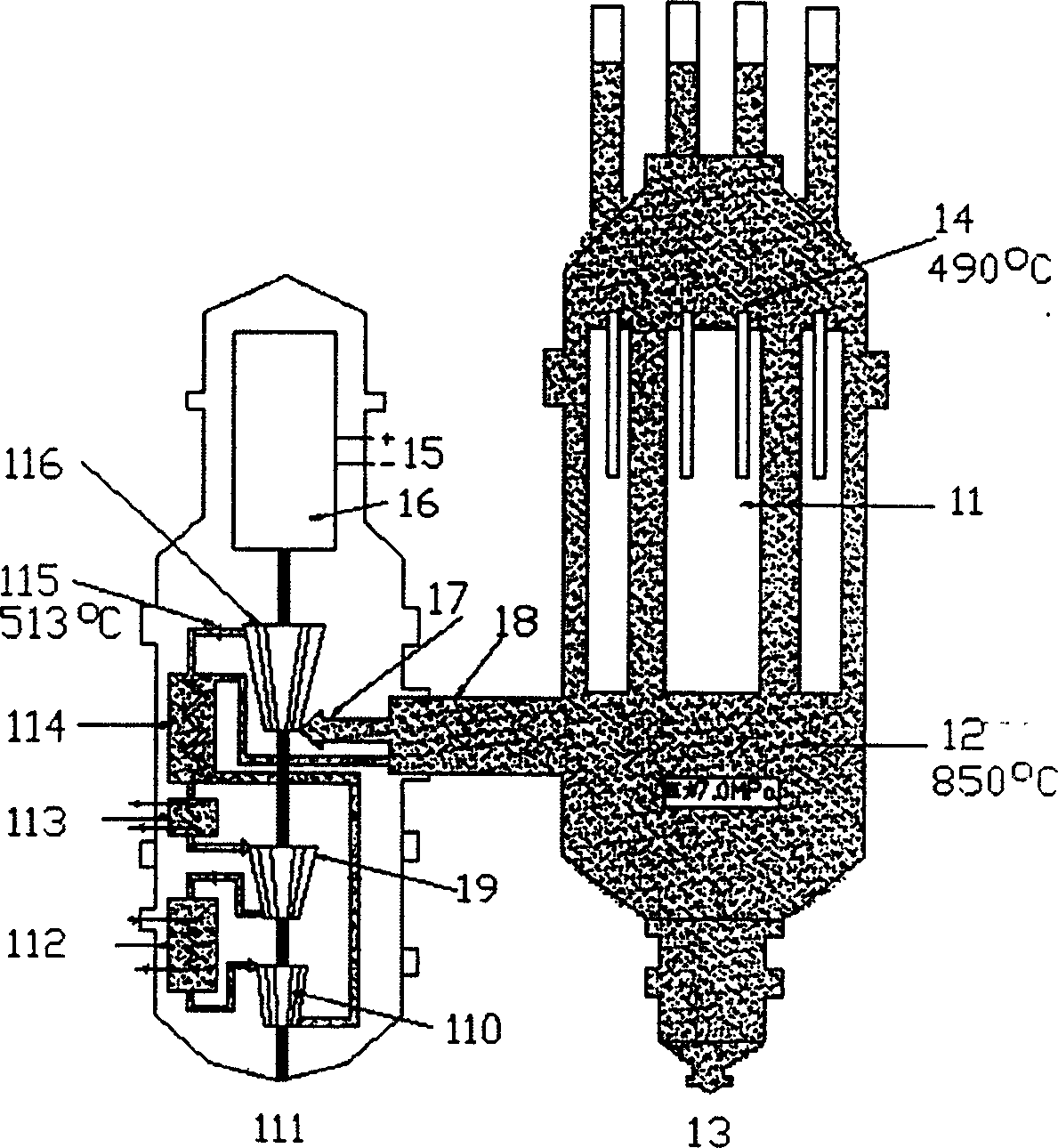 Combined power generator of high temperature heat source-oxygen concentration cell pile