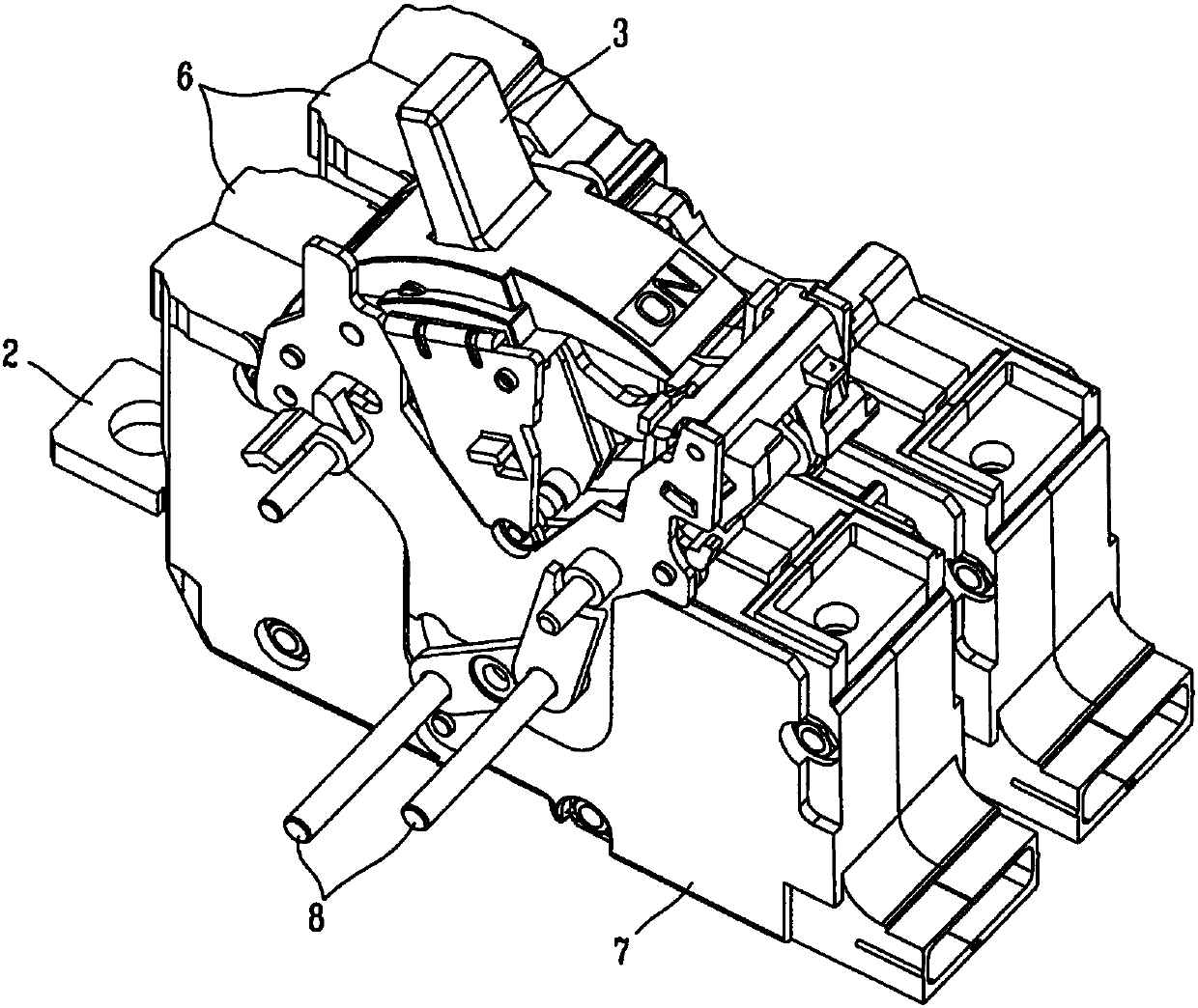 Multi-pole molded case circuit breaker with insulation barrier for rotary pin