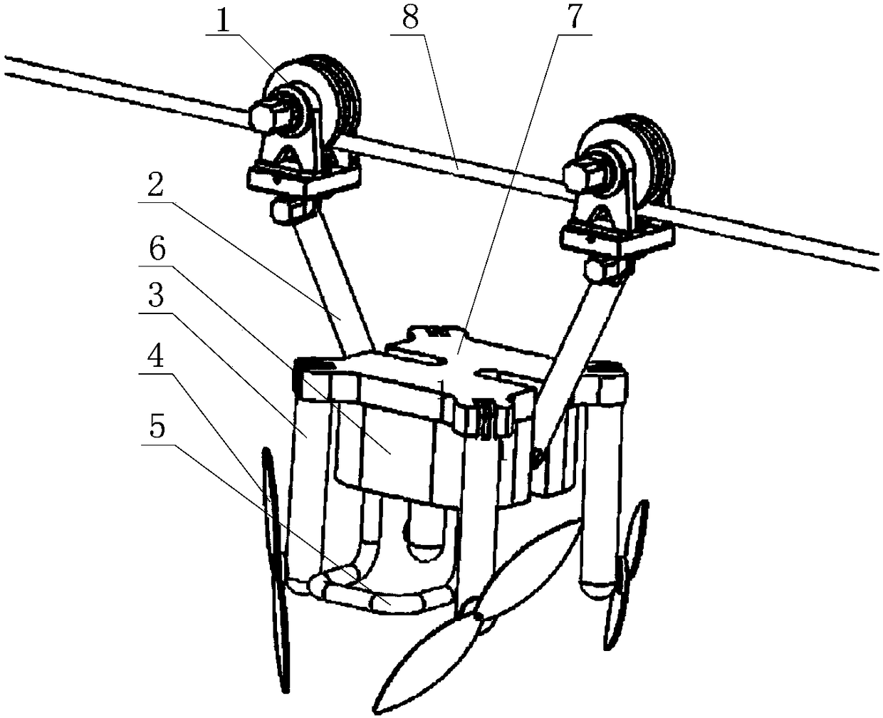 A high-voltage transmission line inspection robot operating in three modes of flying, climbing and sliding