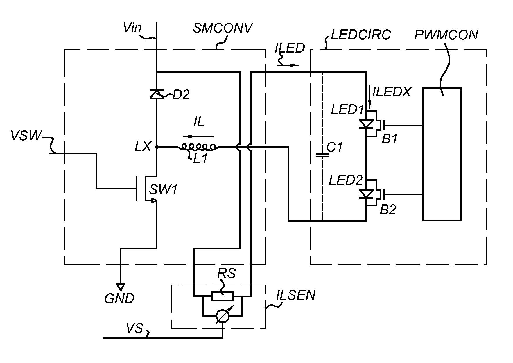 Method and circuit arrangement for cycle-by-cycle control of a LED current flowing through a LED circuit arrangement, and associated circuit composition and lighting system