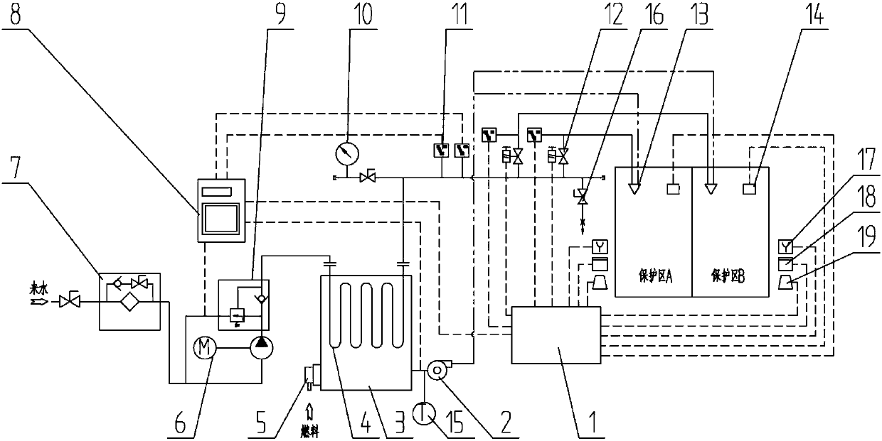 Preheating type fine water mist fire extinguishing system and fine water atomizing nozzle