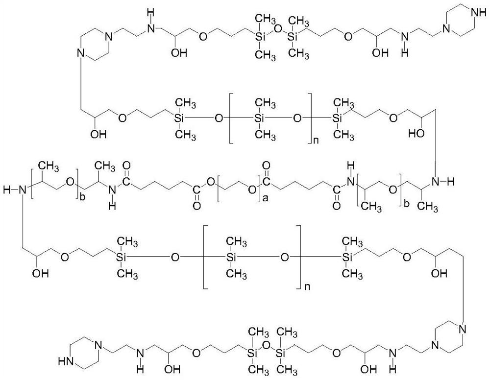 A kind of preparation method of low discoloration piperazinyl terminated ester amide polyether modified block silicone oil