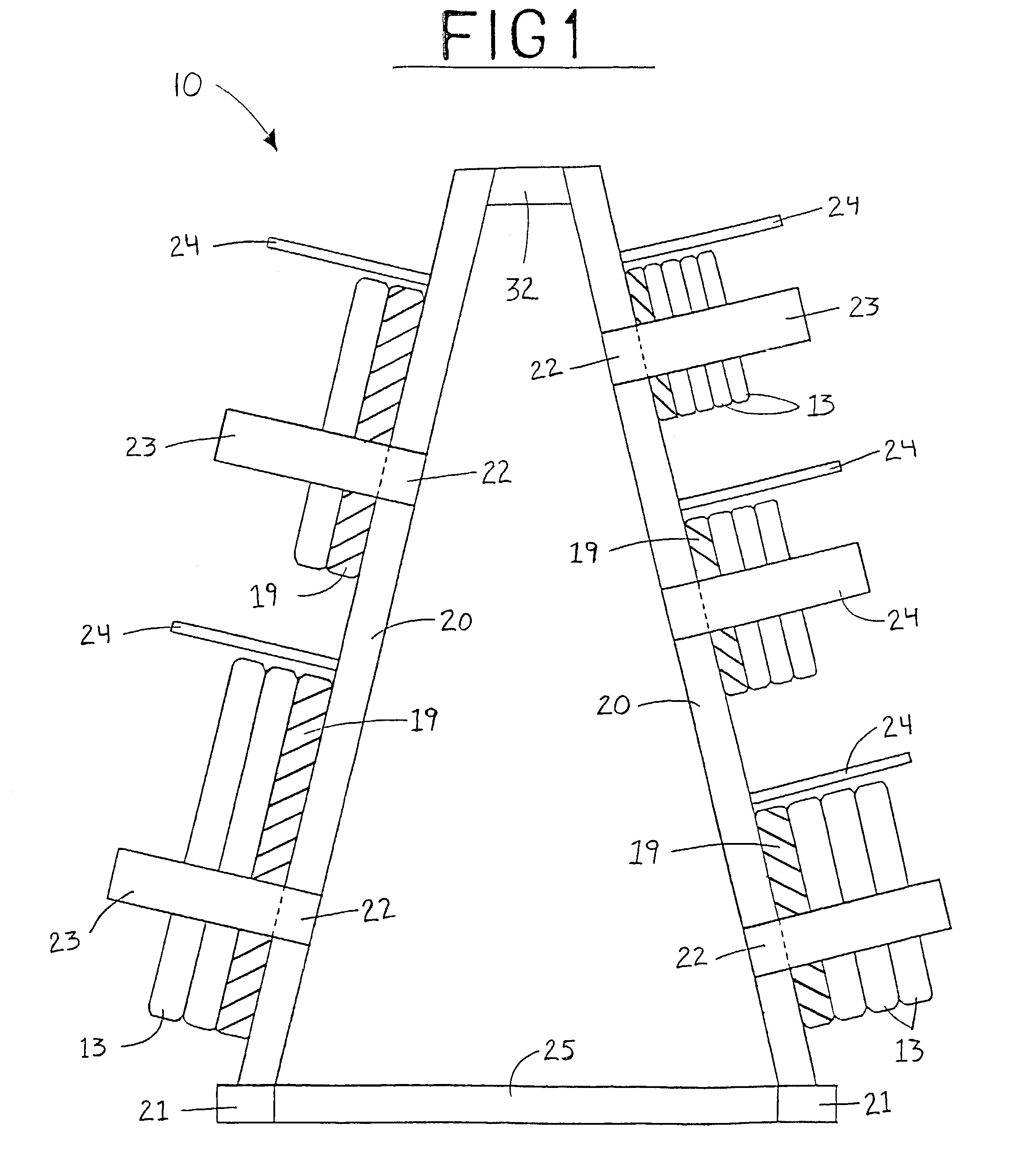 Multi-member support storage implement for plate-like weights