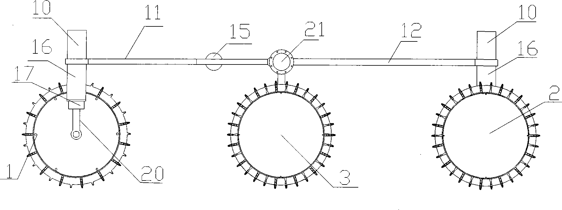 Pavement self-adaptive rhombic moonmobile moving system having middle two-wheeled active swinging arm