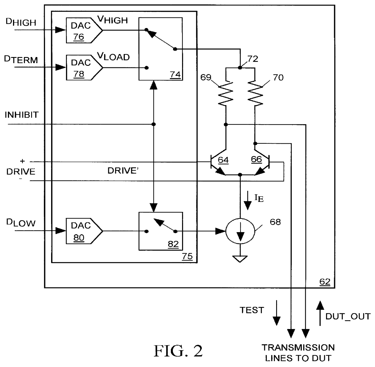 Inhibitable continuously-terminated differential drive circuit for an integrated circuit tester