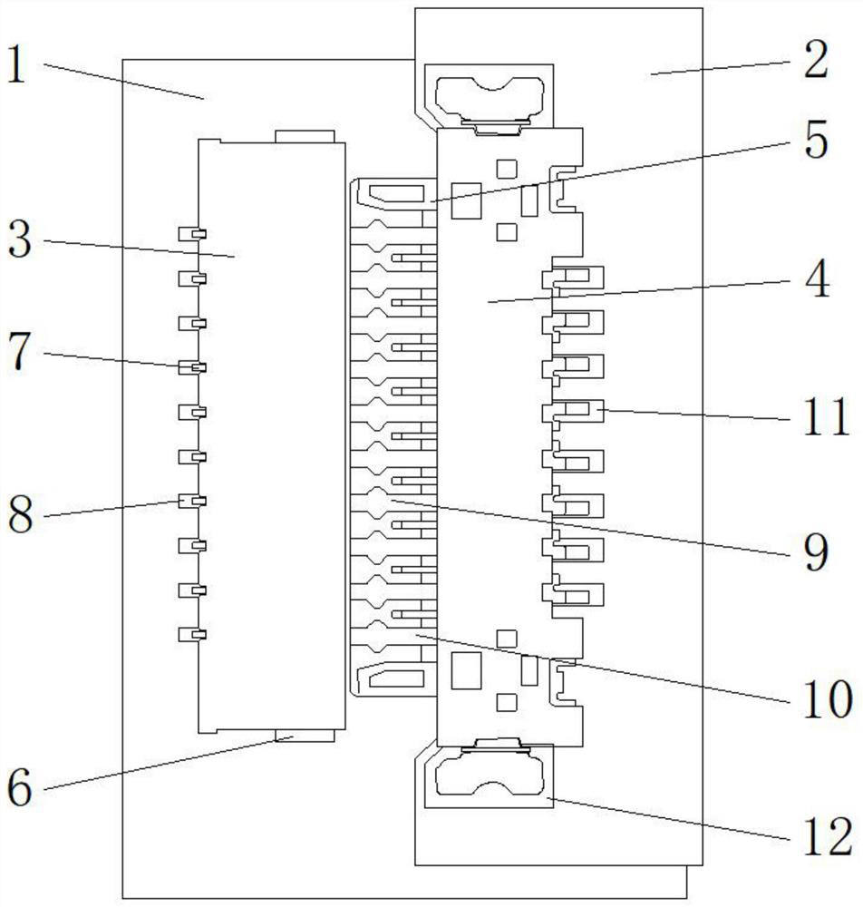 A horizontal board-to-board connector with simultaneous conduction on both sides