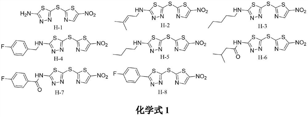 Application of thio-thiadiazole containing nitrothiazole compound in prevention and treatment of agricultural plant diseases