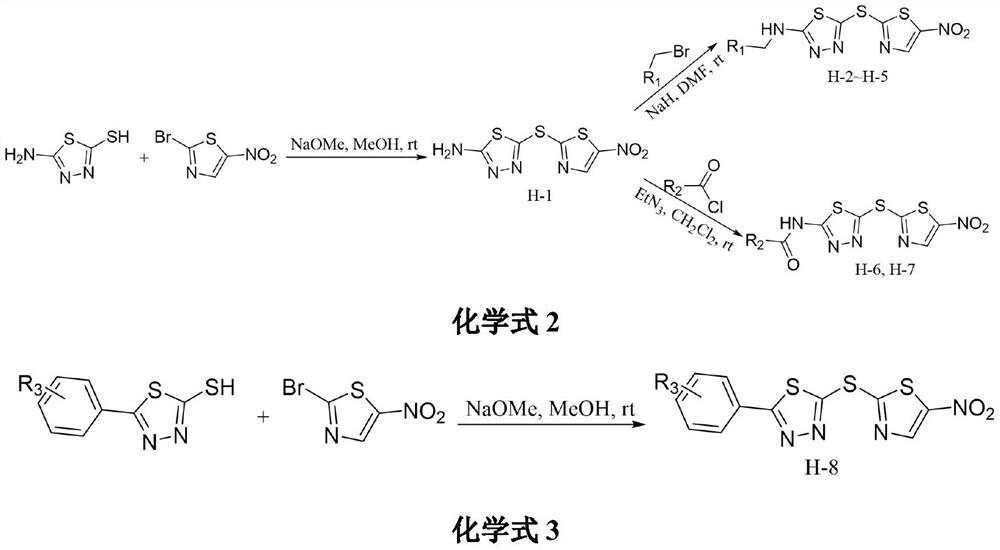 Application of thio-thiadiazole containing nitrothiazole compound in prevention and treatment of agricultural plant diseases