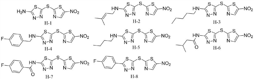 Application of thio-thiadiazole containing nitrothiazole compound in prevention and treatment of agricultural plant diseases