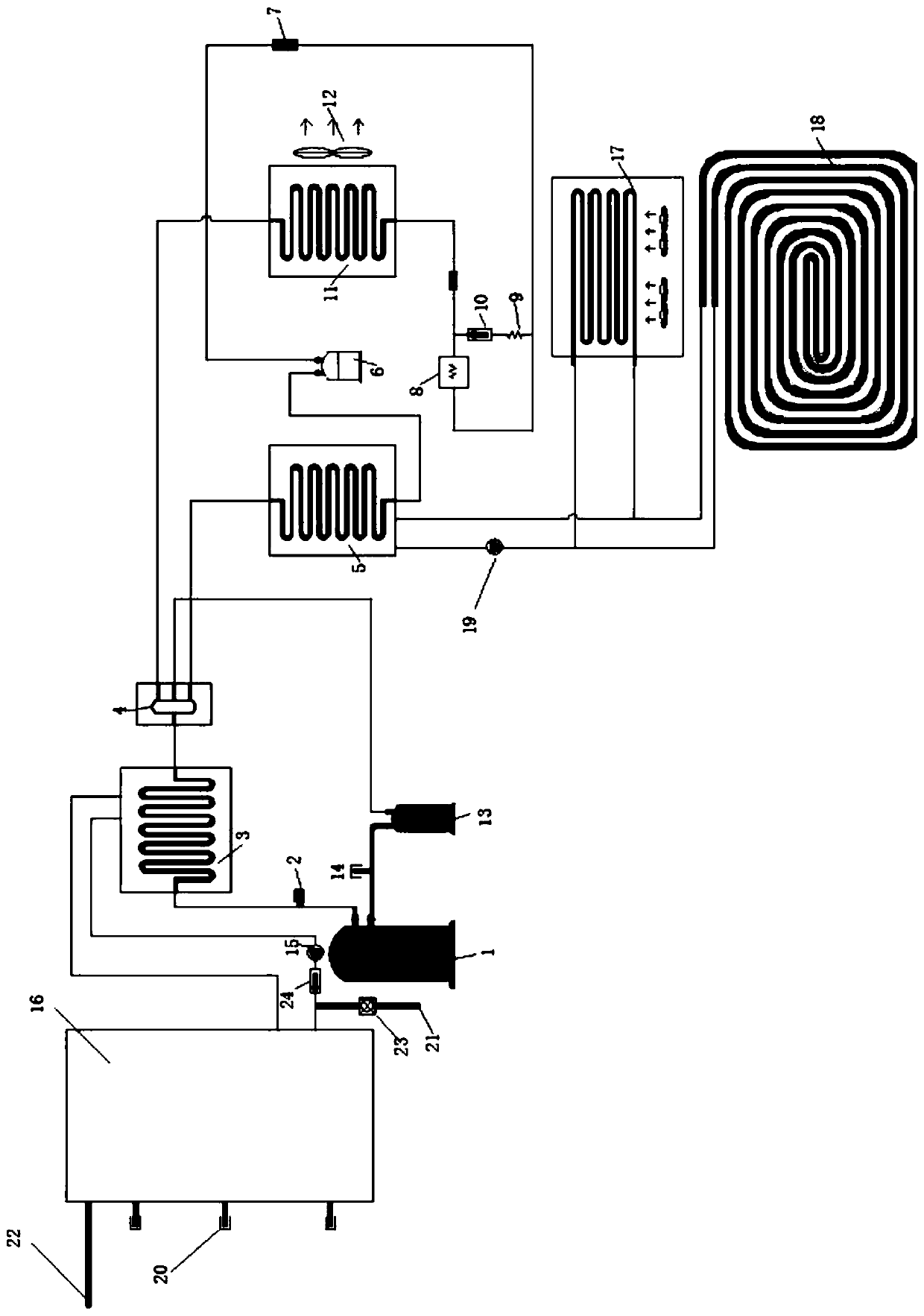 Variable frequency air source heat pump refrigeration and heating hot water triple generation unit