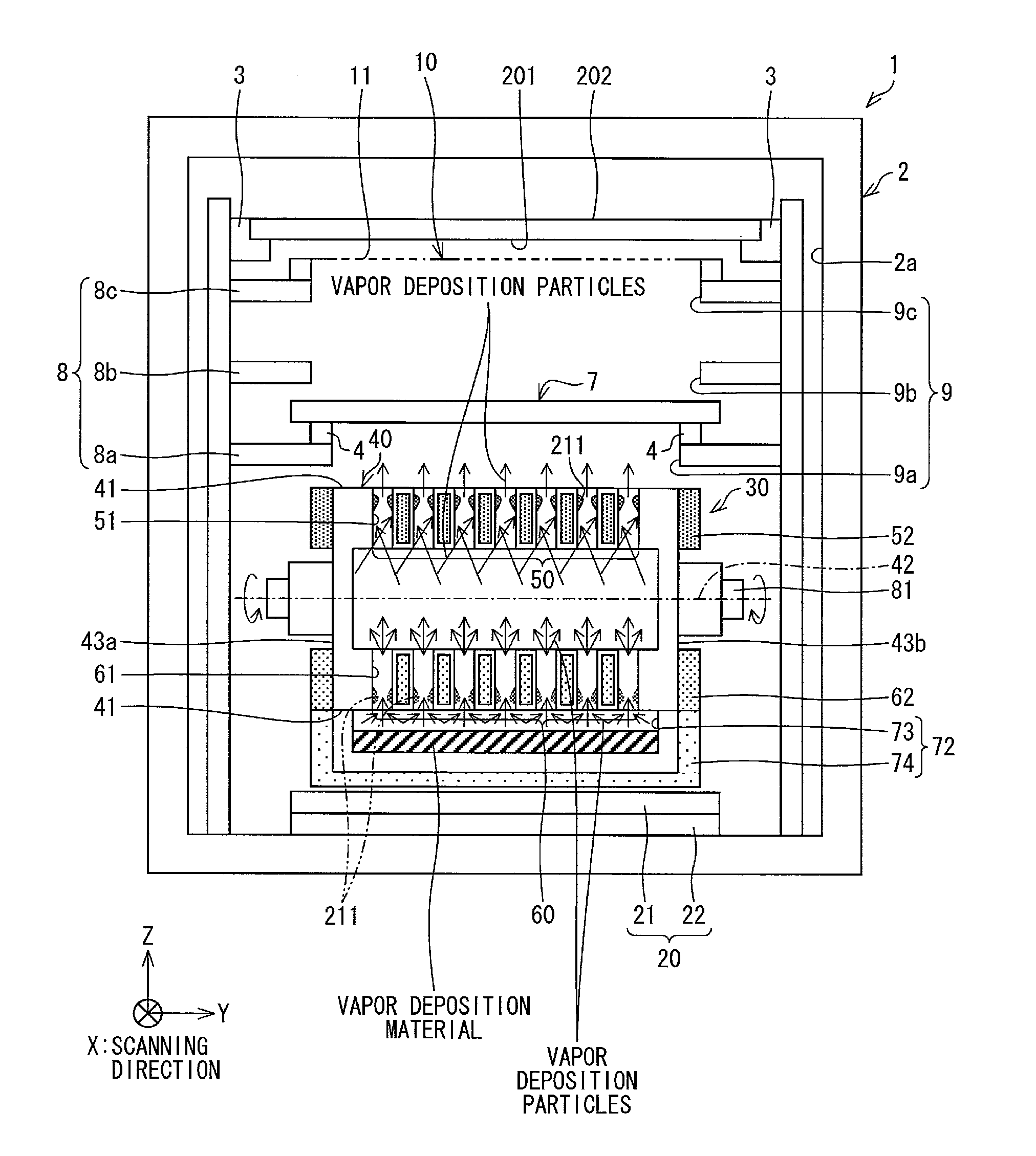 Vapor deposition particle emitting device, vapor deposition apparatus, vapor deposition method