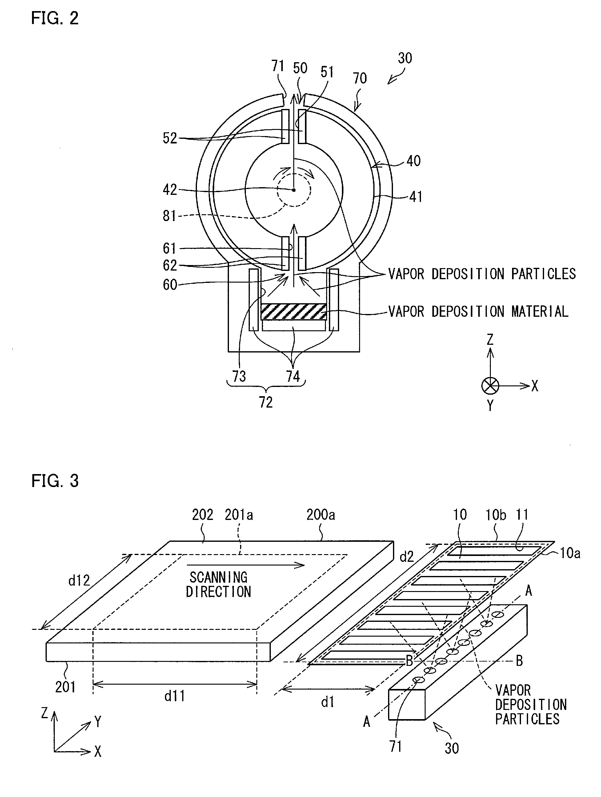 Vapor deposition particle emitting device, vapor deposition apparatus, vapor deposition method