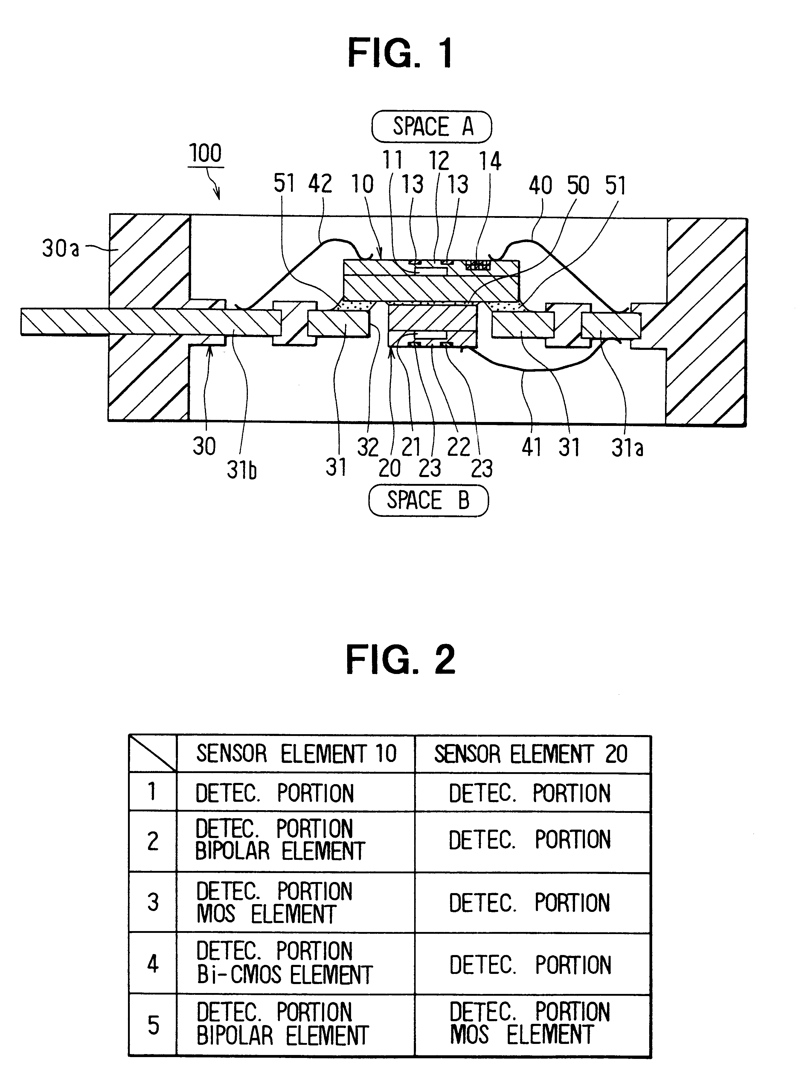 Pressure sensor for detecting differential pressure between two spaces