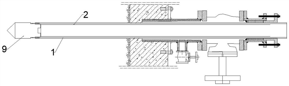 Sand gushing and water gushing prevention freezing pipe drill rod pulling-out device and drill rod pulling-out process for subway tunnel construction