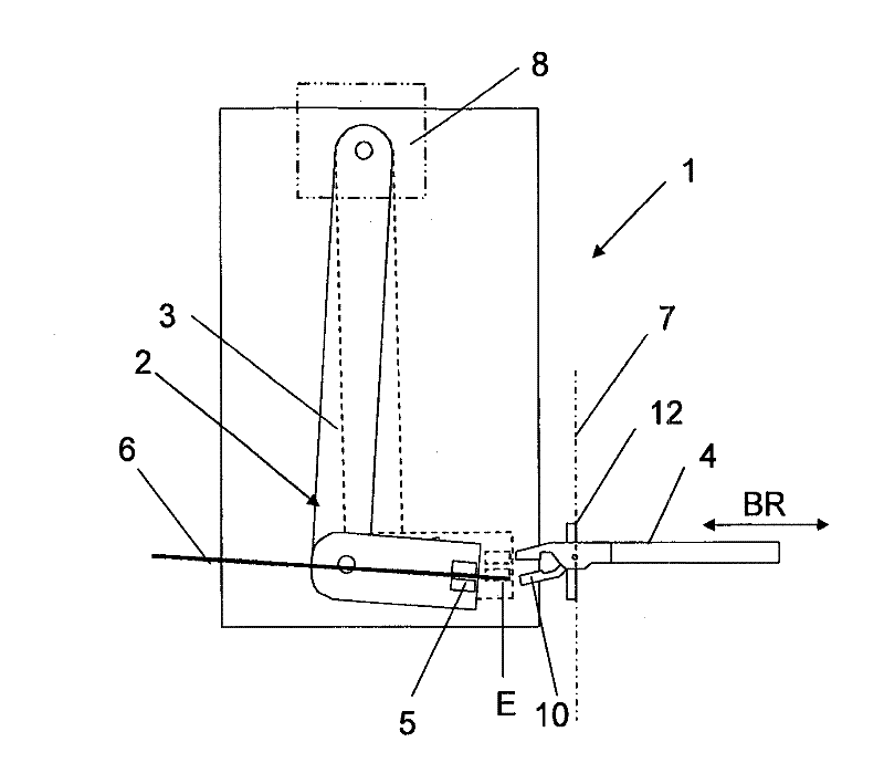 Device for transferring a band-shaped weft material