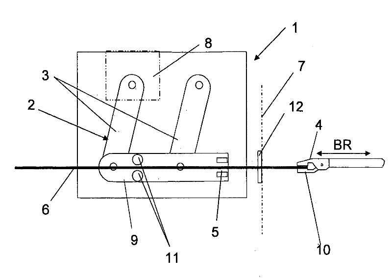 Device for transferring a band-shaped weft material