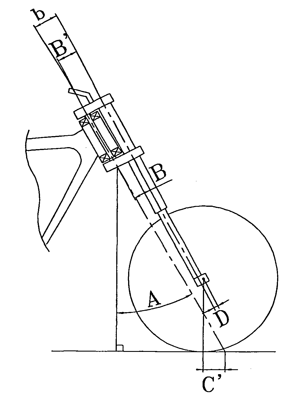 Device for fixing the front end assembly of a motorcycle with caster angle and adjustable ground caster angle