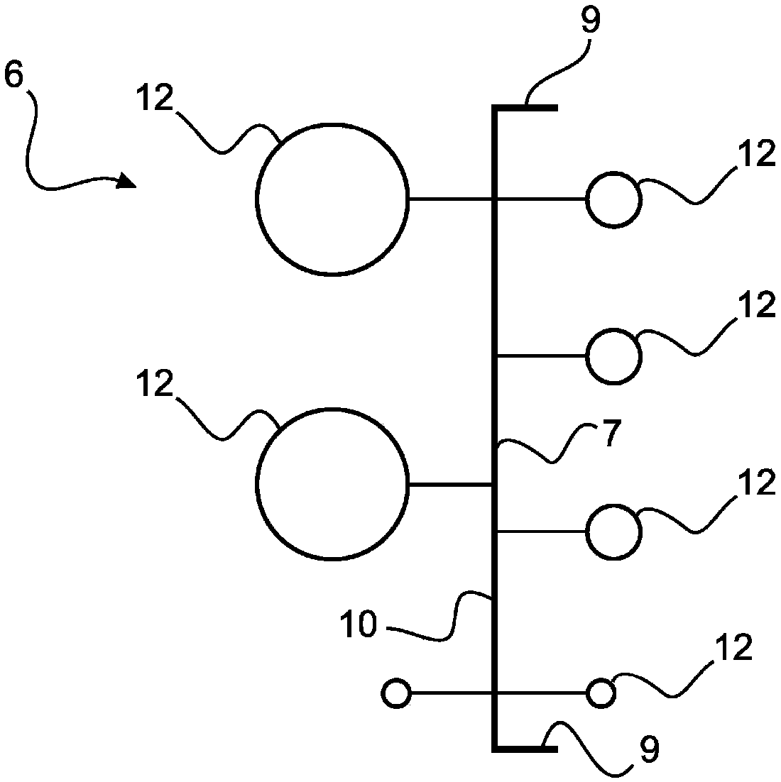 Construction group for aircraft for feeding line to cabin module