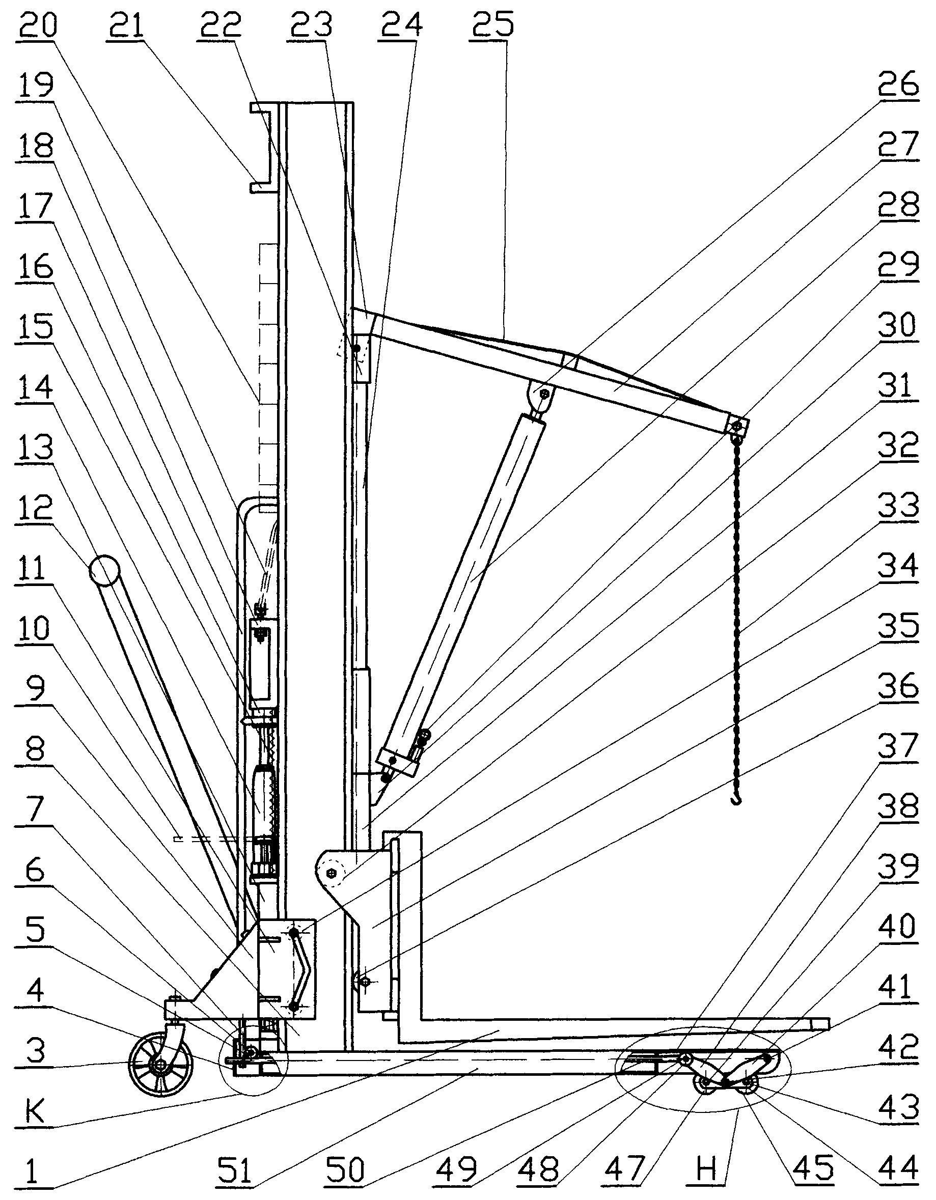 Manual lifting trolley for forking and lifting