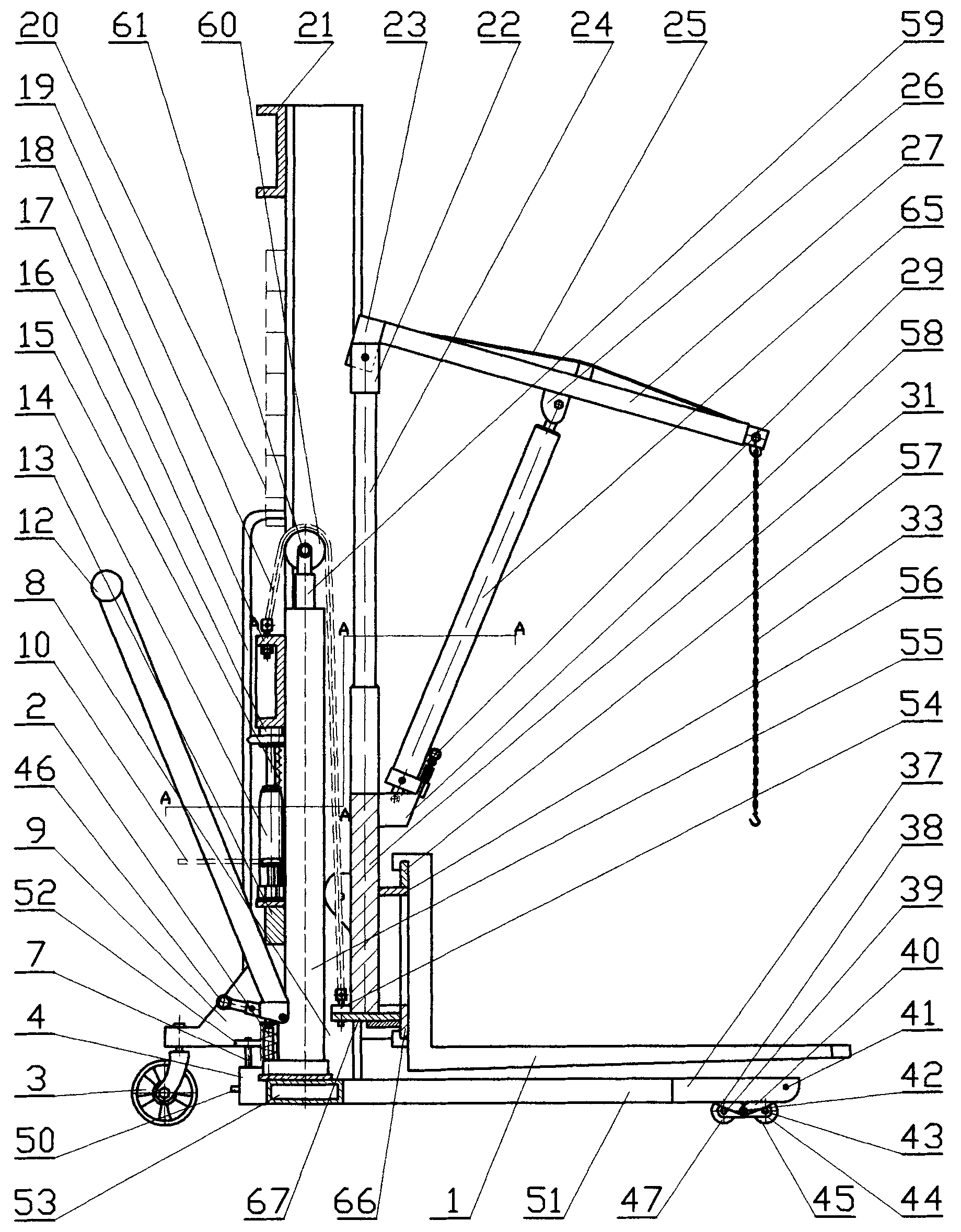 Manual lifting trolley for forking and lifting