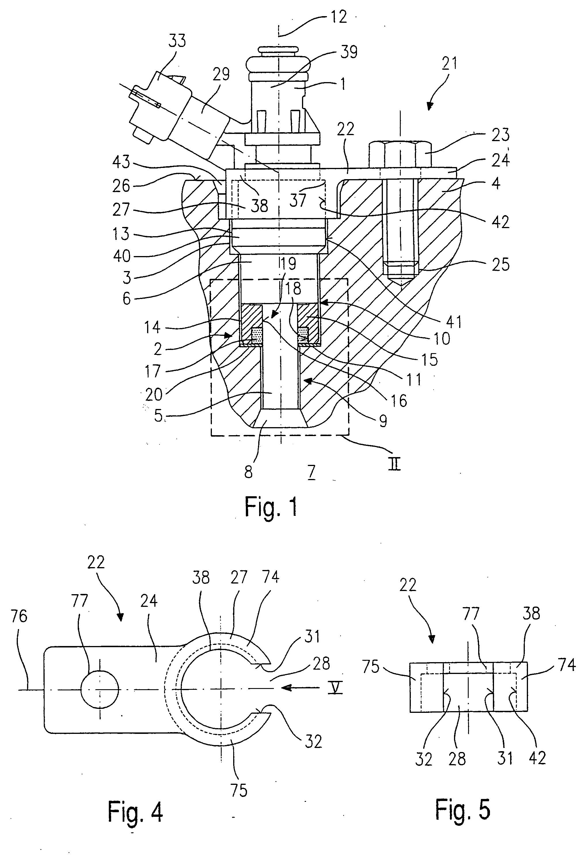 Sealing element and holding-down clamp for a fuel injector