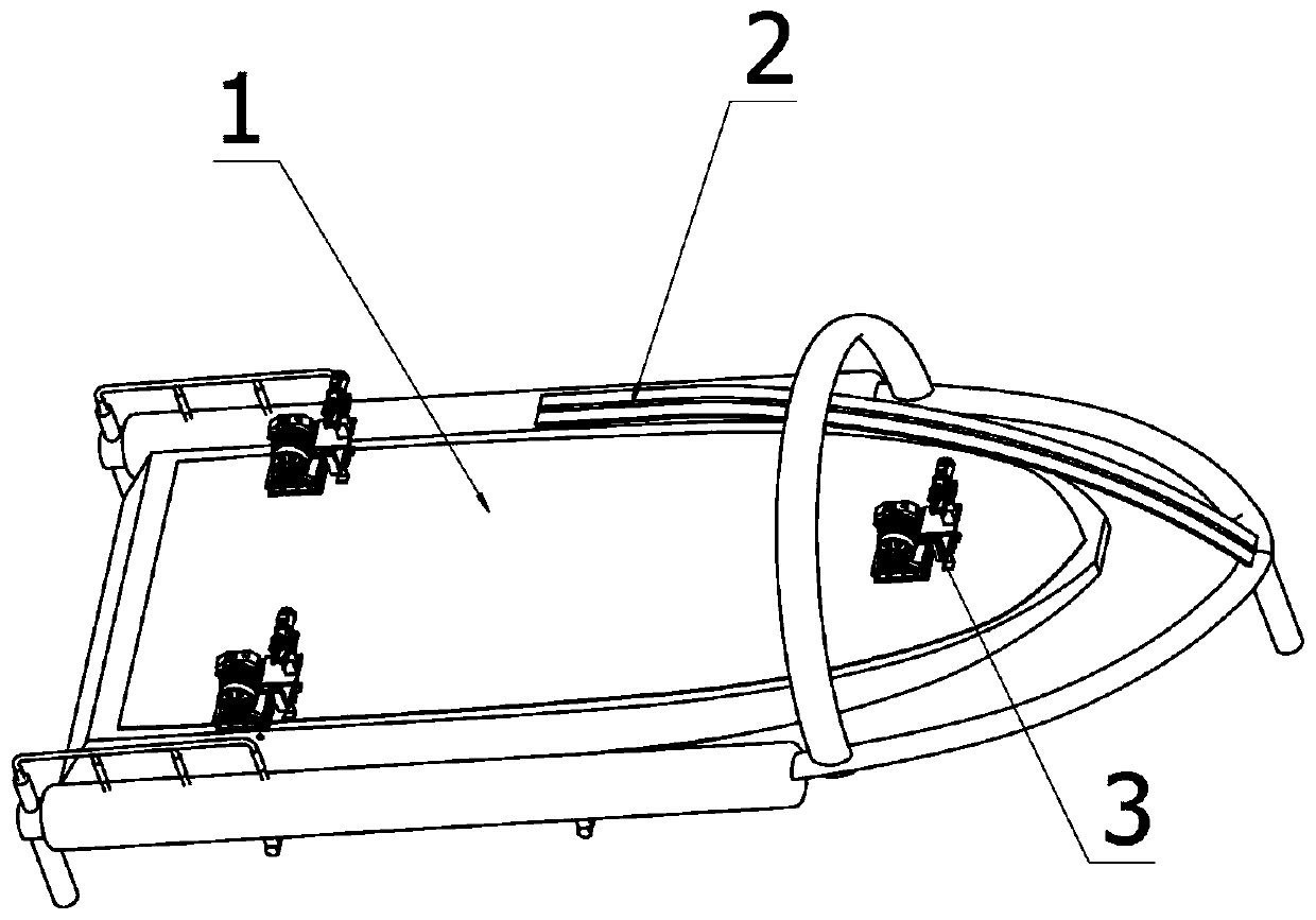 A deployment and recovery device for unmanned boats whose mother ship is a dock